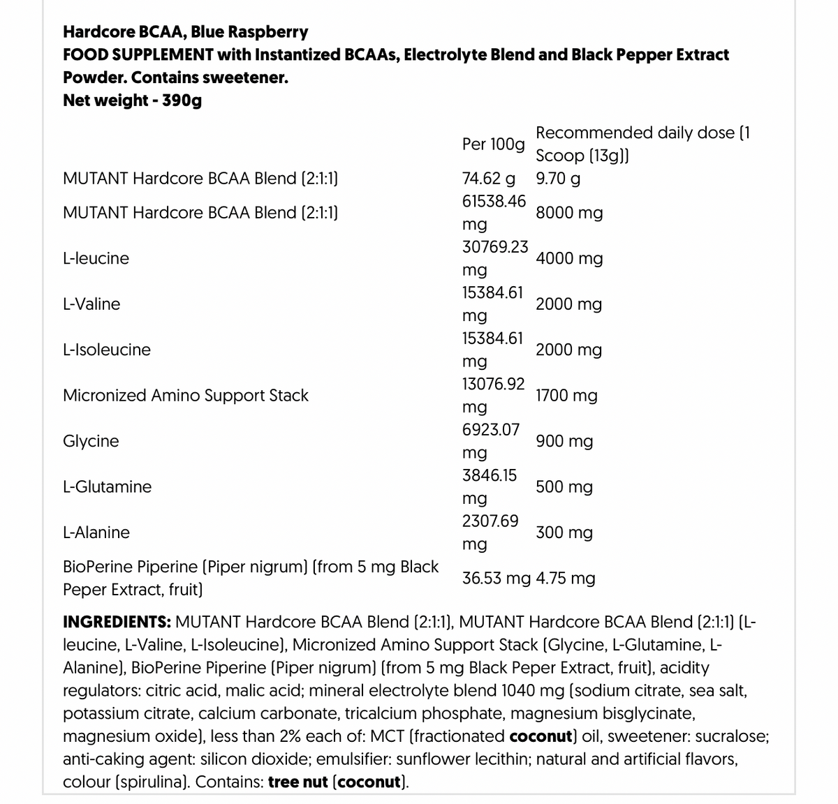Mutant Hardcore BCAA Sample Blue Raspberry Flavour