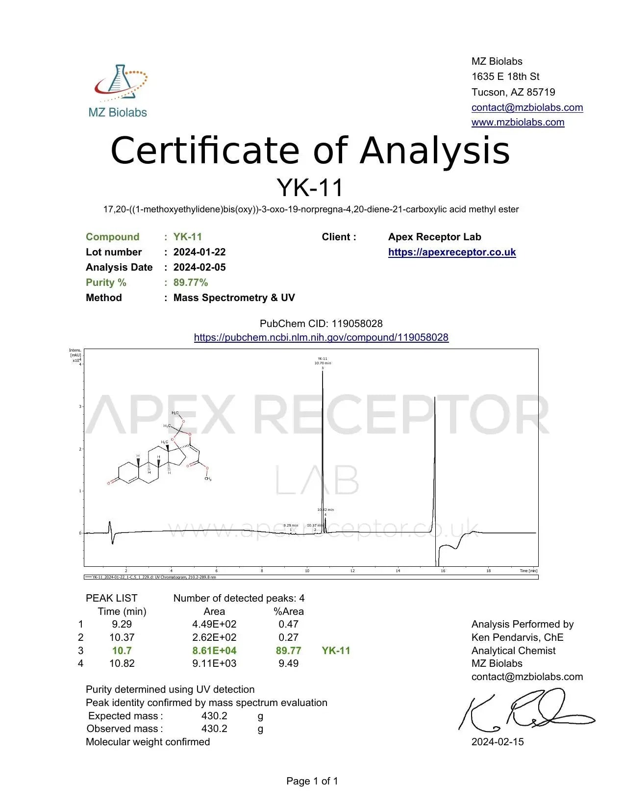 Apex Receptor Liquid YK11 10mg / 30ml