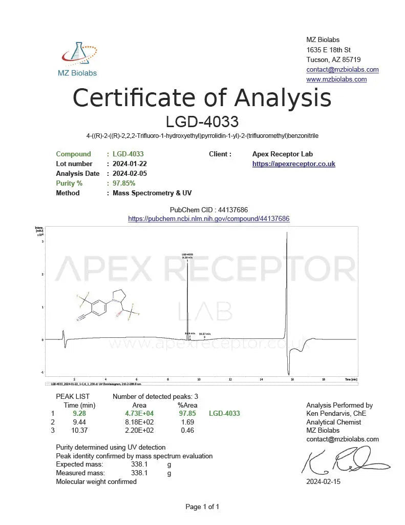 Apex Receptor Liquid LGD4033 Ligandrol 10mg / 30ml