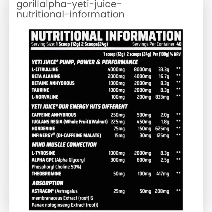 Gorillalpha Yeti Juice Pre Workout 480g 40 Servings