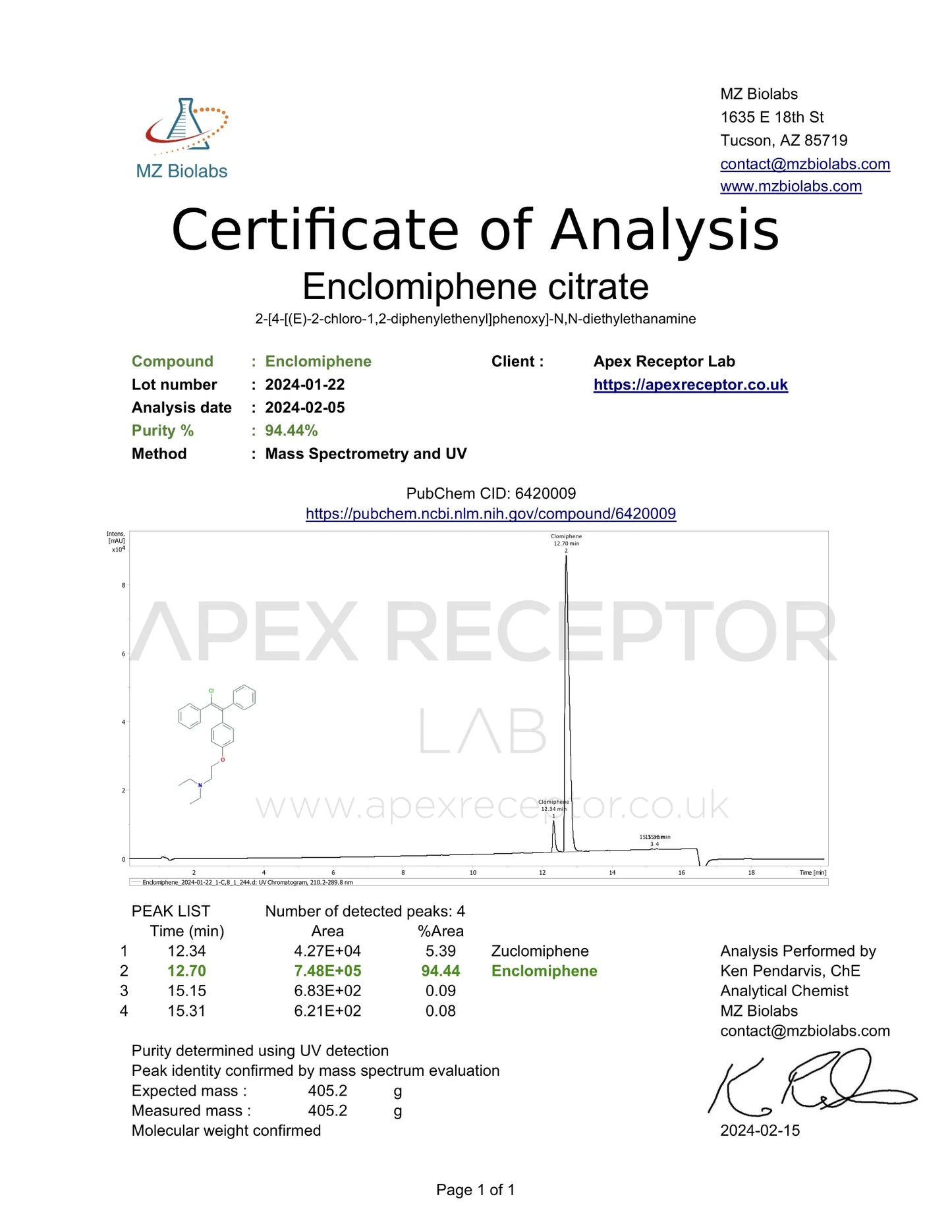 Enclomiphene Citrate by Apex Receptor 12.5mg / 30ml