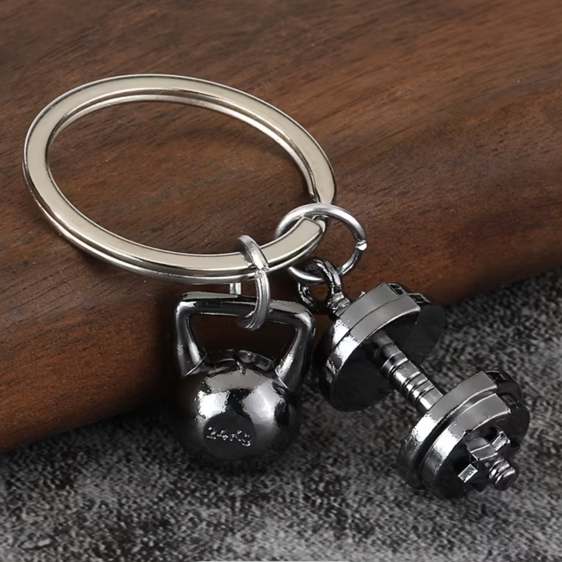 Fitness Kettle Bell & Dumbbell Keyring Black Metal