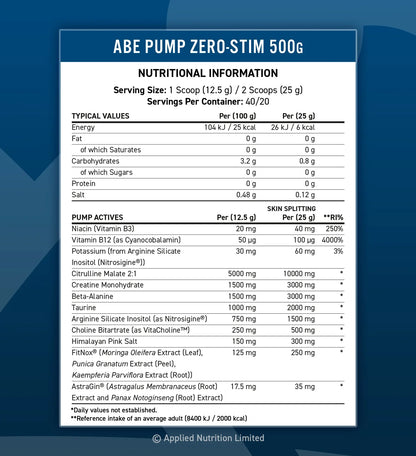 Applied Nutrition ABE Pump Non Stim Pre Workout With Free Amino Fuel Pineapple Millions 91g