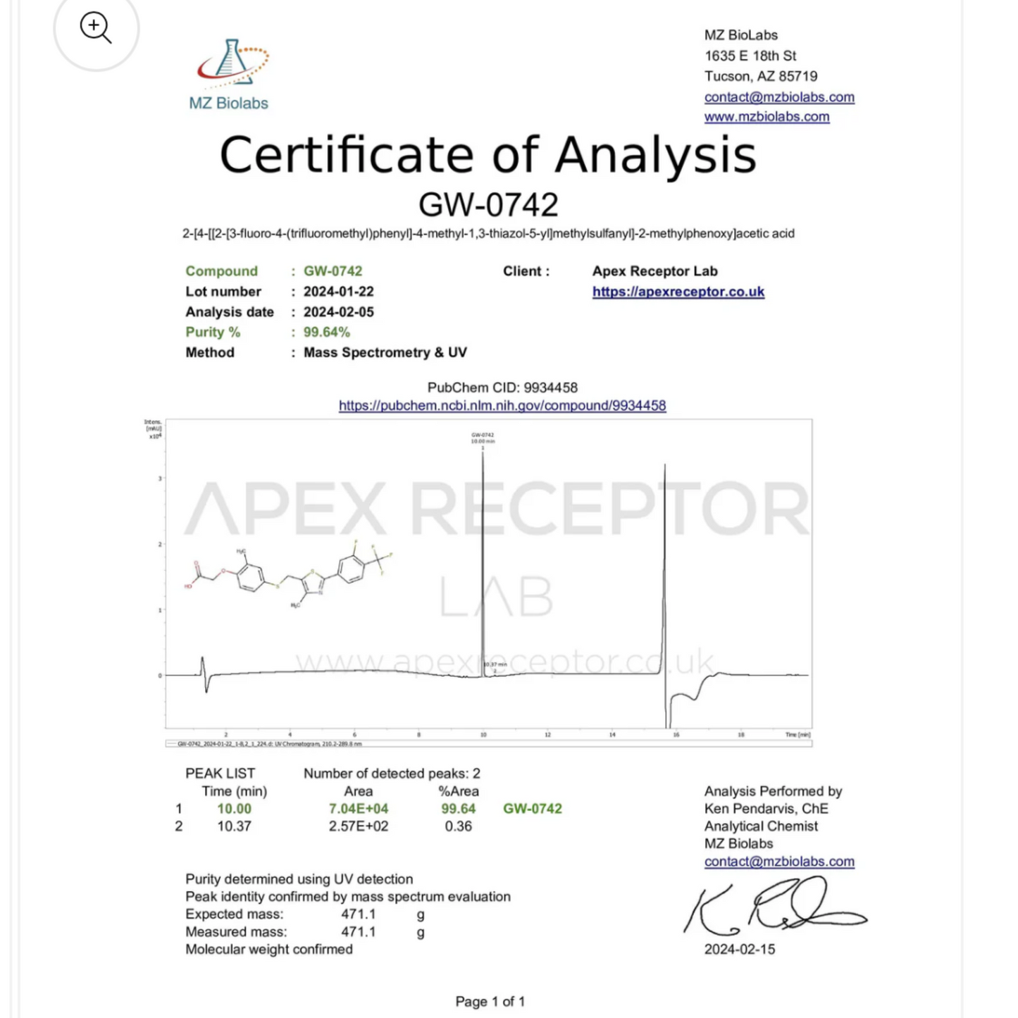 Apex Receptor Liquid GW0742 10mg/30ml Research Supplement